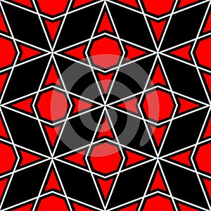 Geometric seamless pattern. Red and white elements on black background