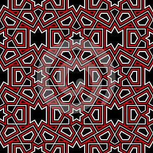 Geometric seamless pattern. Red and white elements on black background