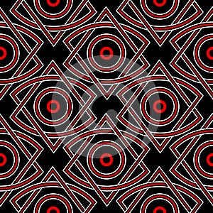 Geometric seamless pattern. Red and white elements on black background