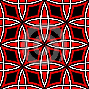 Geometric seamless pattern. Red and white elements on black background
