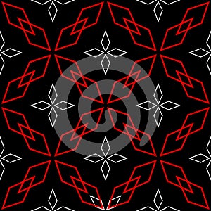 Geometric seamless pattern. Red and white elements on black background