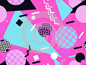 Geometric seamless pattern in the style of memphis from the 80s. Circles with zigzags and geometric shapes photo