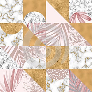 Geometric seamless pattern: watercolor tropic leaves, digital marble paper, gold foil, pastel grunge texture