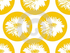 Geometric seamless pattern with white silhouettes of flowers on yellow circle.