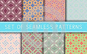 Geometric seamless patterns. Collection of colored backgrounds