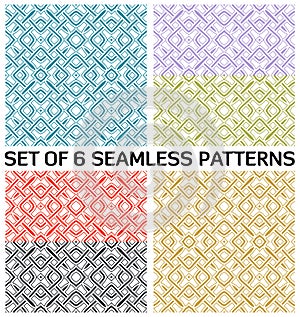 Geometric seamless patterns with decorative ornament of red, blue, green, golden, violet, and black shades on white background