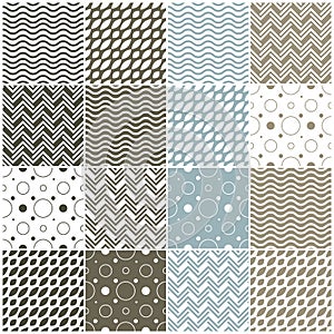 Geometric seamless patterns: polka dots, waves, ch