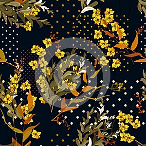 Geometric seamless print polka dots design vector illustration. Modern memphis pattern with hand drawn wild flowers