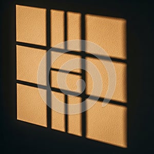 Geometric shadows of a window frame fall on a textured wall. The grid pattern