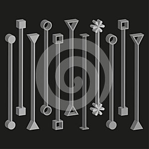 Geometric shape elements. Abstract line illustration. Modern object set. Vector black background.