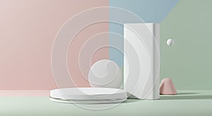 Geometric shapes arranged in a minimalist setting include a white circular platform, a