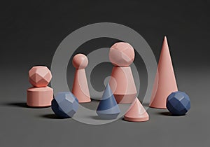 Geometric shapes on a dark surface, featuring light pink and blue objects