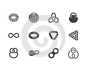 Geometric shapes flat glyph icons set. Topology figures sphere, torus, mobius strip, klein bottle vector illustrations