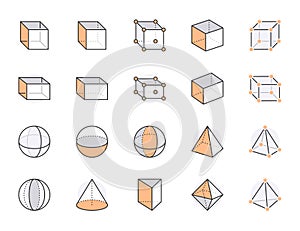 Geometric shapes flat line icons set. Abstract figures - cube, sphere, cone, prism vector illustrations. Thin signs for