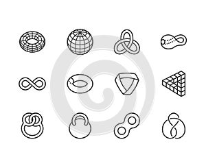 Geometric shapes flat line icons set. Topology figures sphere, torus, mobius strip, klein bottle vector illustrations