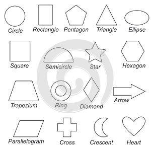 Geometric shapes and forms set, the big page to be colored, simple education game for kids.