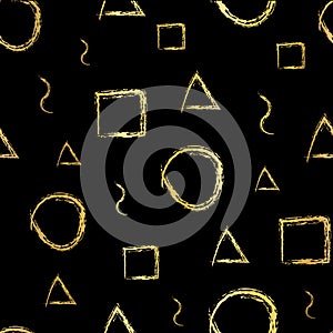 Geometric shapes gold foil hand drawn elements seamless vector background. Circle, square. triangle drawn with brush