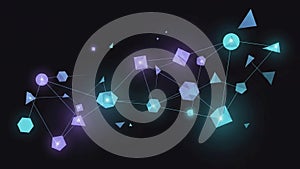 Geometric shapes, including hexagons, cubes, and triangles, are interconnected