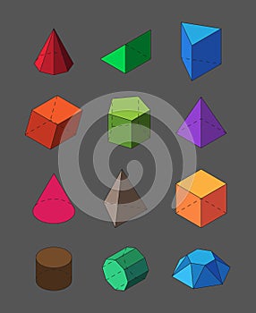 Geometric shapes isometric set. Pyramidal red polygons orange squares and rectangles polyhedral diamond crystals purple