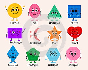 Geometric shapes for kids. Set of cute funny different bright emoji with face, arms and legs for kids. Vector