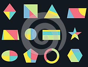 Geometric shapes, multicolored geometric shapes icons on a black background. Vector illustration.