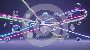 Geometric shapes and neon light trails flow dynamically through abstract space