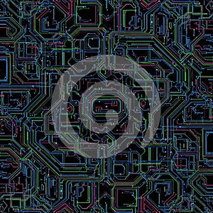 Geometric shapes and pathways, creating a dense, interconnected