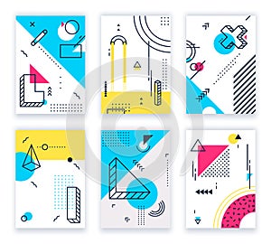 Geometric shapes posters. Abstract geometrical shapes cards, funky 80s and memphis style design background illustration