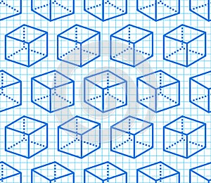 Geometric shapes seamless pattern with flat line icons of cube figure on blue grid notebook. Modern abstract background