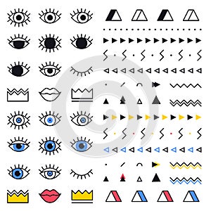 Geometric shapes set with eyes in 80s style. Memphis vector graphic elements on white background for tattoo stickers