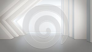 Geometric shapes structure on empty concrete floor with white wall background in big hall or modern showroom.