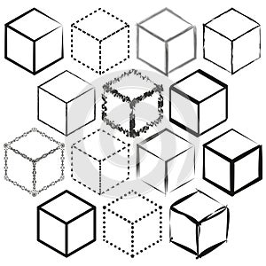 Geometric shapes variety. Abstract cube outlines. Shaded and patterned blocks. Vector illustration. EPS 10.