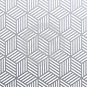 Geometric silver 3D cubes seamless pattern with glitter texture of abstract woven lines on white background. Vector silver glitter