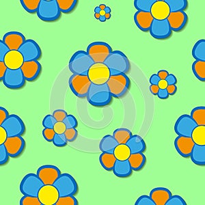 Geometric simple flowers with orange and blue petals and with shadow on a light green background. Seamless pattern