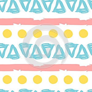 Geometric simple sketh drawn hand seamless pattern with bright yellow dots, blue triangles and pink strips. For photo