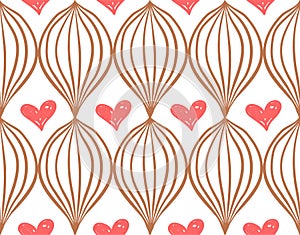 Geometric simple sketh drawn hand seamless pattern with red hearts. For wallpapers, web background, textile, wrapping photo