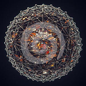 Geometric sphere composed of a complex network of metallic rods and nodes,