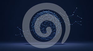 A geometric sphere composed of interconnected blue nodes and lines appears to