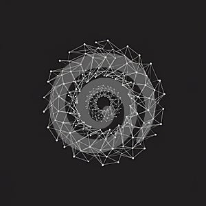 A geometric, spiral pattern composed of interconnected white lines and nodes on a