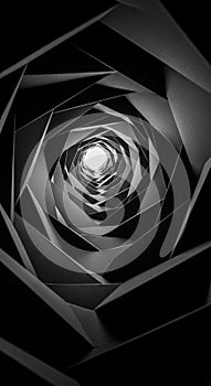 Geometric spiral tunnel design with layered, angular shapes creating an intricate,