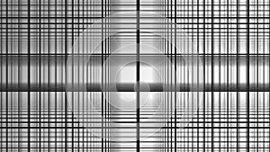 Geometric spiral with white squares abstract movement white background. Black line grid randomly flip over with white