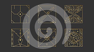 Geometric square shapes, abstract art vector deco frames. Hipster trendy line style 1920 design. Luxury cover graphic poster