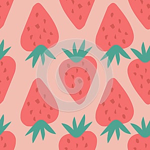 Geometric strawberry seamless pattern. Doodle sweet berries backdrop. Red strawberries wallpaper
