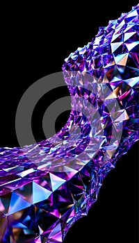 Geometric structure composed of numerous triangular facets with a glossy, reflective surface.