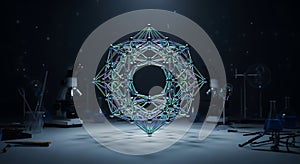 Geometric structure glowing among laboratory tools