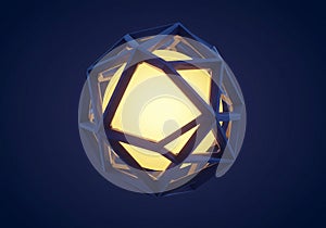 A geometric structure with a glowing yellow core is surrounded by a dark blue,