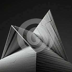 A geometric structure with sharp, angular lines and a monochromatic color scheme. Th