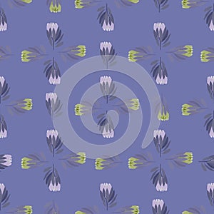 Geometric stylistic seamless pattern with hand drawn protea flowers shapes. Pastel blue background