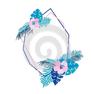 Geometric Summer wreath with tropical palm flower and place for text. Flat herb abstract vector garden frame. wedding