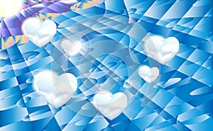 Geometric sunlight background blue sky with white clouds and sun, vector illustration.